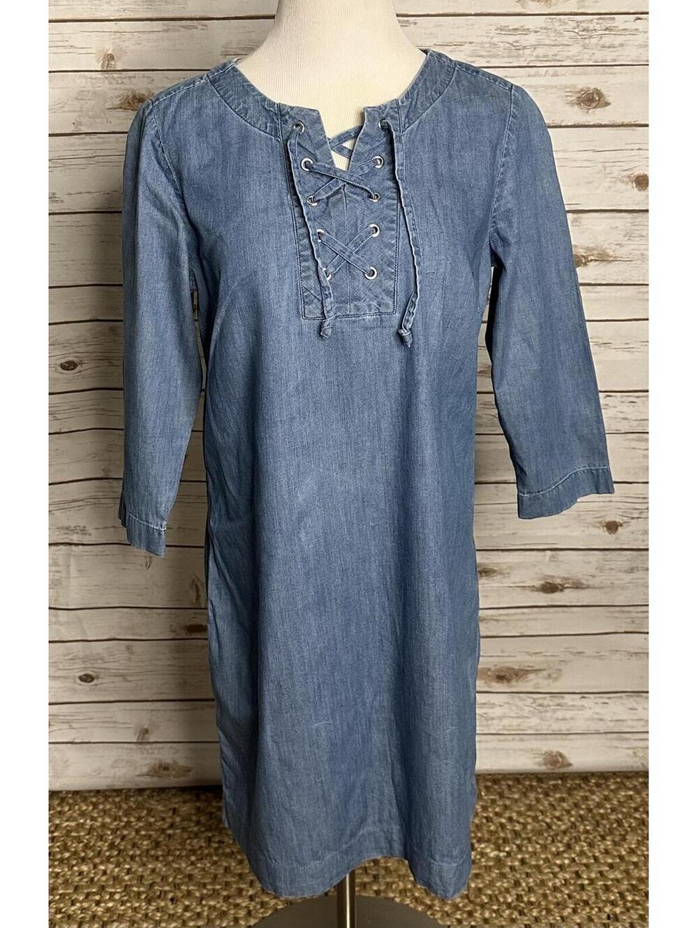 Talbots chambray blue cotton grommet lace-up shift dress Size 10 boho Western